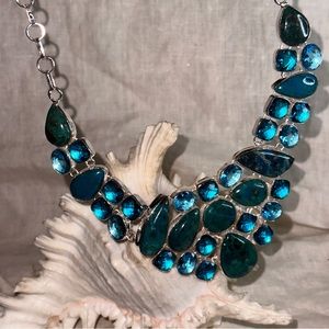 Mermaid rare Shattuckite + Blue Topaz statement cluster necklace